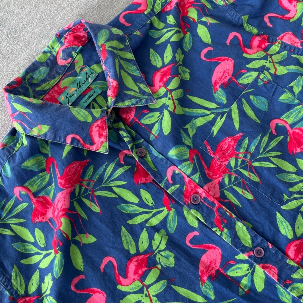 Joe Marlin Men Large Tapered Fit Flamingo Tropical Print Short Sleeve Shirt Navy
